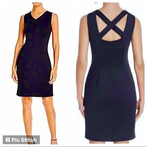 NWT T Tahari Navy Blue Sleeveless Sheath Dress with Crisscross Back